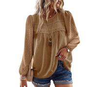 TUUHAW Langarmshirt Damen Boho Top Oberteile Fließend Elegant Frühling Herbst Tunika Rundhals T Shirt Süß Lässig Outfits Spitze Winter Kleidung Mocha M