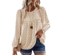 TUUHAW Langarmshirt Damen Boho Top Oberteile Fließend Elegant Frühling Herbst Tunika Rundhals T Shirt Süß Lässig Outfits Spitze Aprikose-schwarzen Punkten M