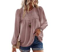 TUUHAW Langarmshirt Damen Boho Top Oberteile Fließend Frühling Herbst Elegant Tunika Rundhals T Shirt Süß Lässig Outfits Spitze Winter Kleidung Rosa M