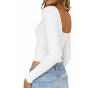 TUUHAW Langarmshirt Damen Gestreiftes Rückenfreies Oberteile Longsleeve U-Boot Ausschnitt Ringelshirt Weiß Lässige Sexy Tee Shirts Kleidung Slim Fit Schmal Geschnitten Langarm Crop Tops L