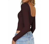TUUHAW Langarmshirt Damen Gestreiftes Rückenfreies Oberteile Longsleeve U-Boot Ausschnitt Ringelshirt Braun Lässige Sexy Tee Shirts Kleidung Slim Fit Schmal Geschnitten Langarm Crop Tops L