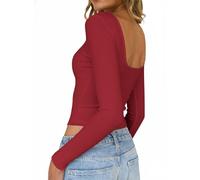 TUUHAW Langarmshirt Damen Gestreiftes Rückenfreies Oberteile Longsleeve U-Boot Ausschnitt Ringelshirt Rot Lässige Tee Shirts Kleidung Slim Fit Schmal Geschnitten Langarm Große Größen Tops XXL