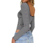TUUHAW Langarmshirt Damen Gestreiftes Rückenfreies Oberteile Longsleeve U-Boot Ausschnitt Ringelshirt Schwarz Weiß Lässige Sexy Tee Shirts Kleidung Slim Fit Schmal Geschnitten Langarm Crop Tops L