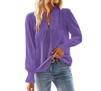 TUUHAW Langarmshirt Damen Herbst Boho Top Oberteile Fließend Elegant V-Ausschnitt T Shirt Süß Lässig Outfits Frühling Winter Longshirt Spitze Kleidung Paspel Volant Violett M