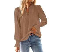 TUUHAW Langarmshirt Damen Herbst Boho Top Oberteile Fließend Elegant V-Ausschnitt T Shirt Süß Lässig Outfits Frühling Winter Longshirt Spitze Kleidung Paspel Volant Hellbraun M