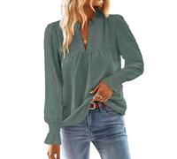 TUUHAW Langarmshirt Damen Herbst Boho Top Oberteile Fließend Elegant V-Ausschnitt T Shirt Süß Lässig Outfits Frühling Winter Longshirt Spitze Kleidung Paspel Volant Salbeigrün M