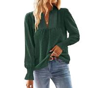 TUUHAW Langarmshirt Damen Herbst Boho Top Oberteile Fließend Elegant V-Ausschnitt T Shirt Süß Lässig Outfits Frühling Winter Longshirt Spitze Kleidung Paspel Volant Dunkelgrün M