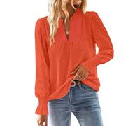 TUUHAW Langarmshirt Damen Herbst Boho Top Oberteile Fließend Elegant V-Ausschnitt T Shirt Süß Lässig Outfits Frühling Winter Longshirt Spitze Kleidung Paspel Volant Leuchtende Orange M