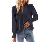 TUUHAW Langarmshirt Damen Herbst Große Größen Longbluse Boho Bluse V-Ausschnitt T Shirt Fließend Elegant Süß Lässig Outfits Top Oberteile Frühling Rüschen Volant Paspel Winter Kleidung Dunkelblau 2XL
