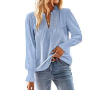 TUUHAW Langarmshirt Damen Herbst Große Größen Longbluse Boho Bluse V-Ausschnitt T Shirt Fließend Elegant Süß Lässig Outfits Top Oberteile Frühling Rüschen Volant Paspel Winter Kleidung Blau 2XL