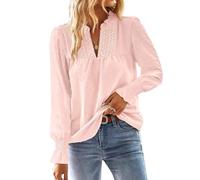 TUUHAW Langarmshirt Damen Herbst Große Größen Longbluse Boho Bluse V-Ausschnitt T Shirt Fließend Elegant Süß Lässig Outfits Top Oberteile Frühling Rüschen Volant Paspel Winter Kleidung Hellrosa 4XL
