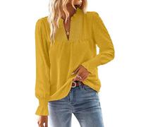 TUUHAW Langarmshirt Damen Herbst Große Größen Longbluse Boho Bluse V-Ausschnitt T Shirt Fließend Elegant Süß Lässig Outfits Top Oberteile Frühling Rüschen Volant Paspel Winter Kleidung Gelb 3XL