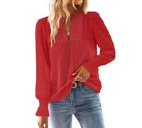 TUUHAW Langarmshirt Damen Herbst Große Größen Longbluse Boho Bluse V-Ausschnitt T Shirt Fließend Elegant Süß Lässig Outfits Top Oberteile Frühling Rüschen Volant Paspel Winter Kleidung Rot 5XL