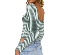 TUUHAW Langarmshirt Damen Rückenfreies Oberteil Gestreiftes Shirt Langarm Lässige Slim Fit Ringelshirt HellGrün Weiss Basic Shirts U-Boot Ausschnitt Sexy Crop Top Herbst Elegant Dünnes Y2K Bluse XS