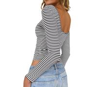 TUUHAW Langarmshirt Damen Rückenfreies Oberteil Gestreiftes Shirt Langarm Lässige Slim Fit Ringelshirt Grau Weiss Basic Shirts mit U-Boot Ausschnitt Sexy Top Herbst Elegant Dünnes Y2K Bluse XS