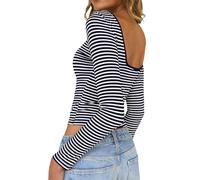 TUUHAW Langarmshirt Damen Rückenfreies Oberteil Slim Fit Crop Top Casual | Gestreiftes Stretch Shirt, U-Boot Ausschnitt Elegant Langarm, Lässige Slim Fit, Ringelshirt Basic, Sexy Y2K Top, Dünnes Bluse
