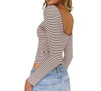TUUHAW Langarmshirt Damen Rückenfreies Oberteil Slim Fit Crop Top Casual | Gestreiftes Stretch Shirt, U-Boot Ausschnitt Elegant Langarm, Lässige Slim Fit, Ringelshirt Basic, Sexy Y2K Top, Dünnes Bluse