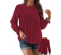 TUUHAW Oversize Shirt Damen Langarm Tunika Damen Boho Bluse Rundhals Top Süß Fließend Elegant Oberteile Volant Herbst Paspel Frühling Casual Rüschen T Shirt Lässig Outfits Kleidung Rot 2XL