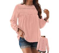 TUUHAW Oversize Shirt Damen Langarm Tunika Damen Boho Bluse Rundhals Top Süß Fließend Elegant Oberteile Volant Herbst Paspel Frühling Casual Rüschen T Shirt Lässig Outfits Kleidung Rosa 3XL