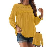 TUUHAW Oversize Shirt Damen Langarm Tunika Damen Boho Bluse Rundhals Top Süß Fließend Elegant Oberteile Volant Herbst Paspel Frühling Casual Rüschen T Shirt Lässig Outfits Kleidung Gelb 2XL