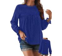 TUUHAW Oversize Shirt Damen Langarm Tunika Damen Boho Bluse Rundhals Top Süß Fließend Elegant Oberteile Volant Herbst Paspel Frühling Casual Rüschen T Shirt Lässig Outfits Kleidung Saphirblau 3XL