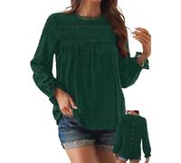 TUUHAW Oversize Shirt Damen Langarm Tunika Damen Boho Bluse Rundhals Top Süß Fließend Elegant Oberteile Volant Herbst Paspel Frühling Casual Rüschen T Shirt Lässig Outfits Kleidung Grün 3XL