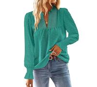 TUUHAW Shirt Langarm Damen Boho Herbst Bluse Fließend Tunika Elegant V-Ausschnitt Longsleeve Top Oberteile Lässig Outfits Spitze Kleidung Frühling Winter Türkis L