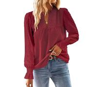 TUUHAW Shirt Langarm Damen Boho Herbst Bluse Fließend Tunika Elegant V-Ausschnitt Longsleeve Top Oberteile Lässig Outfits Spitze Kleidung Frühling Winter Burgunder L
