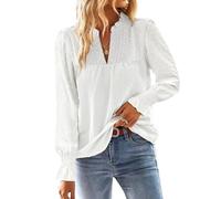 TUUHAW Shirt Langarm Damen Boho Herbst Bluse Fließend Tunika Elegant V-Ausschnitt Longsleeve Top Oberteile Lässig Outfits Spitze Kleidung Frühling Winter Weiß L