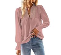 TUUHAW Shirt Langarm Damen Boho Herbst Bluse Fließend Tunika Elegant V-Ausschnitt Longsleeve Top Oberteile Lässig Outfits Spitze Kleidung Frühling Winter Rosa L