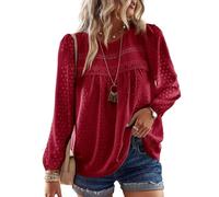 TUUHAW Shirt Langarm Damen Herbst Große Größen Tunika Boho Bluse Top Süß Oberteile Fließend Elegant Rundhals Frühling Winter T Shirt Lässig Outfits Kleidung Rot 4XL