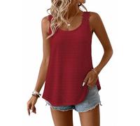 TUUHAW Tank Tunika Damen Sommer Boho Bluse Sleeveless Top Oberteile Fließend Camisole Blumen Rüschen Tanktops Süß Elegant Rundhals T Shirt Lässig Outfits Frühling Schweizer Pünktchen Herbst Rot M