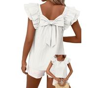TUUHAW Top Damen Sommer Kurzarm Bluse T-Shirt Süße Rücken-Schleife Tunika | Süße Oberteile Rundhals, Bluse mit Rüschen, Lässige Outfits, Chiffon Puffärmel, Kühl wie ein Ärmelloses Top