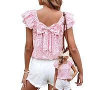 TUUHAW Top Damen Sommer Kurzarm Bluse T-Shirt Süße Rücken-Schleife Tunika | Süße Oberteile Rundhals, Bluse mit Rüschen, Lässige Outfits, Chiffon Puffärmel, Kühl wie ein Ärmelloses Top