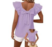 TUUHAW Top Damen Sommer Kurzarm Bluse T-Shirt Süße Rücken-Schleife Tunika | Süße Oberteile Rundhals, Bluse mit Rüschen, Lässige Outfits, Chiffon Puffärmel, Kühl wie ein Ärmelloses Top