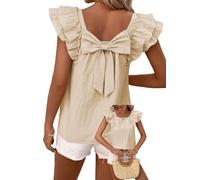 TUUHAW Top Damen Sommer Kurzarm Bluse T-Shirt Süße Rücken-Schleife Tunika | Süße Oberteile Rundhals, Bluse mit Rüschen, Lässige Outfits, Chiffon Puffärmel, Kühl wie ein Ärmelloses Top