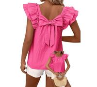 TUUHAW Top Damen Sommer Kurzarm Bluse T-Shirt Süße Rücken-Schleife Tunika | Süße Oberteile Rundhals, Bluse mit Rüschen, Lässige Outfits, Chiffon Puffärmel, Kühl wie ein Ärmelloses Top