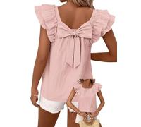 TUUHAW Top Damen Sommer Süße Oberteile Rundhals T-Shirt Kurzarm Bluse mit Rüschen Tunika Lässige Outfits Chiffon Puffärmel Rücken-Schleife Kleidung Rosa XS