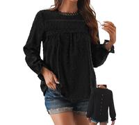TUUHAW Tunika Damen Boho Bluse Langarmshirt Top Fließend Spitze Oberteile Rüschen Süß Elegant Rundhals T Shirt Casual Lässig Outfits Locker Frühling Spitzenärmel Herbst Kleidung Schwarz M