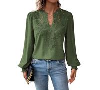 TUUHAW Tunika Damen Boho Bluse Langarmshirt Top Fließend Spitze Oberteile Rüschen Süß Elegant V-Ausschnitt T Shirt Casual Lässig Outfits Locker Swiss Dot Frühling Spitze Herbst Kleidung Grün S