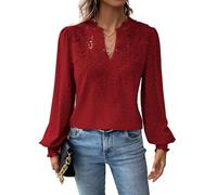 TUUHAW Tunika Damen Boho Bluse Langarmshirt Top Fließend Spitze Oberteile Rüschen Süß Elegant V-Ausschnitt T Shirt Casual Lässig Outfits Locker Swiss Dot Frühling Spitze Herbst Kleidung Rot XS
