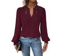 TUUHAW Tunika Damen Boho Bluse Langarmshirt Top Fließend Spitze Oberteile Rüschen Süß Elegant V-Ausschnitt T Shirt Casual Lässig Outfits Locker Swiss Dot Frühling Spitze Herbst Kleidung Weinrot L