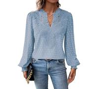 TUUHAW Tunika Damen Boho Bluse Langarmshirt Top Fließend Spitze Oberteile Rüschen Süß Elegant V Ausschnitt T Shirt Casual Lässig Outfits Locker Swiss Dot Frühling Spitze Herbst Kleidung Hellblau L