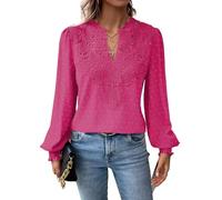 TUUHAW Tunika Damen Boho Bluse Langarmshirt Top Fließend Spitze Oberteile Rüschen Süß Elegant V-Ausschnitt T Shirt Casual Lässig Outfits Locker Swiss Dot Frühling Spitze Herbst Kleidung Knallrosa XL