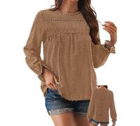 TUUHAW Tunika Damen Boho Bluse Langarmshirt Top Fließend Spitze Oberteile Rüschenmanschette Süß Elegant Rundhals T Shirt Casual Lässig Outfits Locker Frühling Spitze Herbst Kleidung Braun XL