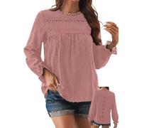 TUUHAW Tunika Damen Große Größen Shirt Langarm Damen Boho Bluse Rundhals Top Süß Fließend Elegant Oberteile Volant Herbst Paspel Frühling Casual Rüschen T Shirt Lässig Outfits Kleidung Graurosa 2XL