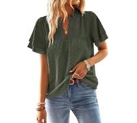 TUUHAW Tunika Damen Große Größen Sommer Boho Bluse Kurzarm Top Fließend Elegant Volant Paspel Spitze V-Ausschnitt Herbst Frühling Rüschen T Shirt Lässig Outfits Spitze Kleidung Grün XXL