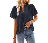 TUUHAW Tunika Damen Große Größen Sommer Boho Bluse Kurzarm Top Süß Oberteile Fließend Elegant Volant V-Ausschnitt Herbst Frühling Rüschen T Shirt Lässig Outfits Spitze Kleidung Dunkelblau XXL