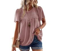 TUUHAW Tunika Damen Große Größen Sommer Boho Bluse Kurzarm Top Süß Oberteile Fließend Elegant Volant Paspel Spitze Rundhals Herbst Frühling Rüschen T Shirt Lässig Outfits Rosa 3XL