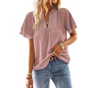 TUUHAW Tunika Damen Große Größen Sommer Boho Bluse Kurzarm Top Süß Oberteile Fließend Elegant Volant Paspel Spitze V-Ausschnitt Herbst Frühling Rüschen Outfits Spitze Kleidung Rosa XXL
